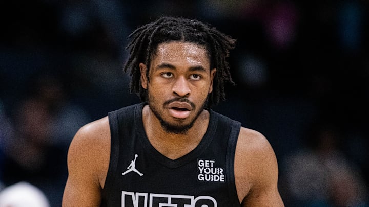 Mar 8, 2025; Charlotte, North Carolina, USA; Brooklyn Nets guard Cam Thomas (24) brings the ball up court against the Charlotte Hornets during the first quarter at Spectrum Center. Mandatory Credit: Scott Kinser-Imagn Images