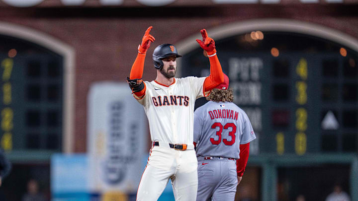 Sep 24, 2025; San Francisco, California, USA; San Francisco Giants first baseman Bryce Eldridge (78) celebrates on second base after hitting a double against the St. Louis Cardinals during the third inning at Oracle Park. Mandatory Credit: Neville E. Guard-Imagn Images