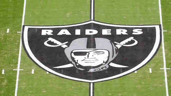 Jan 4, 2026; Paradise, Nevada, USA; The Las Vegas Raiders shield logo at midfield at Allegiant Stadium. Mandatory Credit: Kirby Lee-Imagn Images