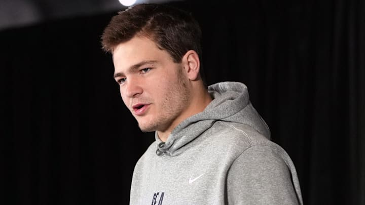 Feb 5, 2026; Santa Clara, CA, USA; New England Patriots quarterback Drake Maye (10) talks to media members at the Santa Clara Marriott. Mandatory Credit: Darren Yamashita-Imagn Images