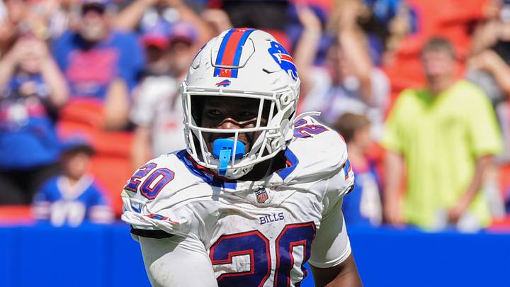 Aug 15, 2026; Orchard Park, New York, USA; Buffalo Bills running back Frank Gore Jr. (20) reacts to scoring a touchdown against the Carolina Panthers during the second half at New Highmark Stadium. Mandatory Credit: Gregory Fisher-Imagn Images