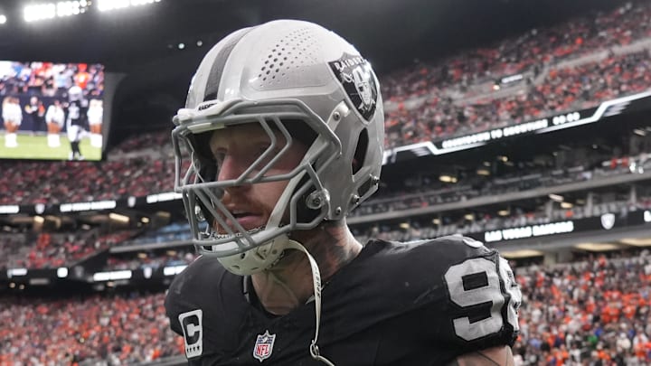 Dec 7, 2025; Paradise, Nevada, USA;  Las Vegas Raiders defensive end Maxx Crosby (98) on the field prior to a game against the Denver Broncos at Allegiant Stadium. Mandatory Credit: Kirby Lee-Imagn Images