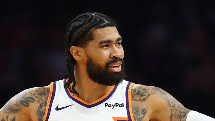 Phoenix, Arizona, USA; Phoenix Suns center Nick Richards (2) reacts against the Houston Rockets in the first half at Mortgage Matchup Center on Nov 24, 2025.