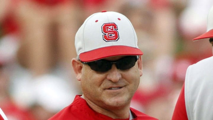 Jun 9, 2013; Raleigh, NC, USA; North Carolina State Wolfpack head coach Elliott Avent meets with his team on the mound during the game against the Rice Owls in the Raleigh super regional of the 2013 NCAA baseball tournament at Doak Field. Mandatory Credit: Jeremy Brevard-Imagn Images