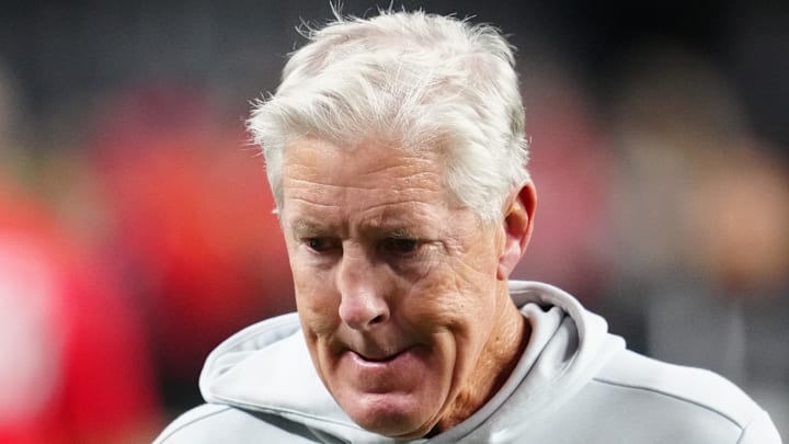 Nov 2, 2025; Paradise, Nevada, USA; Las Vegas Raiders head coach Pete Carroll reacts after the loss against the Jacksonville Jaguars at Allegiant Stadium. Mandatory Credit: Stephen R. Sylvanie-Imagn Images