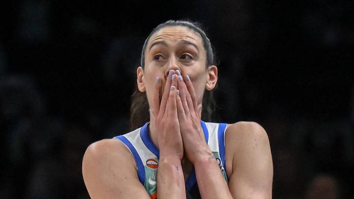 May 8, 2026; Brooklyn, New York, USA; New York Liberty forward Breanna Stewart (30) reacts during the first half against the Connecticut Sun at Barclays Center. Mandatory Credit: John Jones-Imagn Images