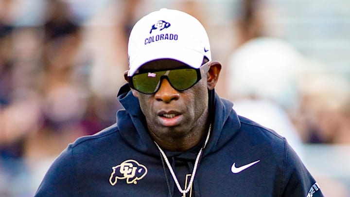 Oct 4, 2025; Fort Worth, Texas, USA; Colorado Buffaloes head coach Deion Sanders on the field during warm ups prior to a game against the TCU Horned Frogs at Amon G. Carter Stadium.