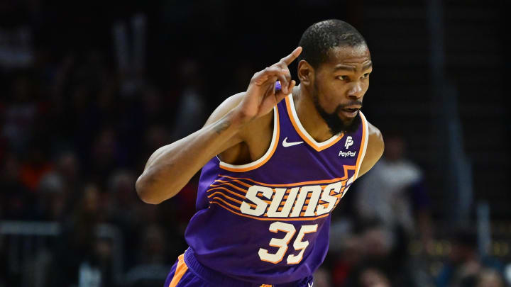 Mar 11, 2024; Cleveland, Ohio, USA; Phoenix Suns forward Kevin Durant (35) celebrates after hitting a three point basket during the second half against the Cleveland Cavaliers at Rocket Mortgage FieldHouse. Mandatory Credit: Ken Blaze-USA TODAY Sports