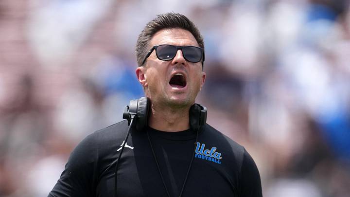 May 2, 2026; Pasadena, CA, USA; UCLA Bruins coach Bob Chesney reacts during the spring game at Rose Bowl. Mandatory Credit: Kirby Lee-Imagn Images