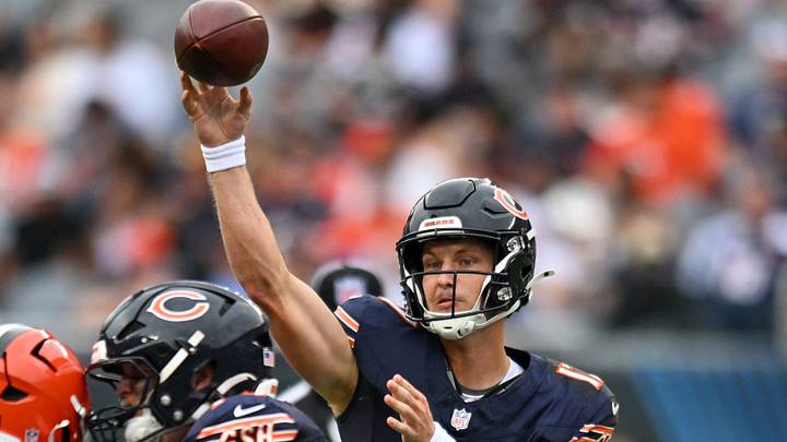 Aug 15, 2026; Chicago, Illinois, USA; Chicago Bears quarterback Tyson Bagent (17) passes the ball against the Cleveland Browns during the first half at Soldier Field. Mandatory Credit: Patrick Gorski-Imagn Images
