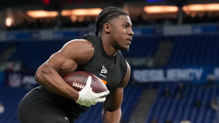 Feb 28, 2026; Indianapolis, IN, USA; Notre Dame running back Jadarian Price (RB15) during the NFL Scouting Combine at Lucas Oil Stadium. Mandatory Credit: Kirby Lee-Imagn Images Feb 28, 2026; Indianapolis, IN, USA; Notre Dame running back Jadarian Price (RB15) during the NFL Scouting Combine at Lucas Oil Stadium. Mandatory Credit: Kirby Lee-Imagn Images