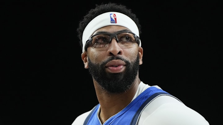 Oct 15, 2025; Las Vegas, Nevada, USA; Dallas Mavericks forward Anthony Davis (3) looks outward during the first half against the Los Angeles Lakers at T-Mobile Arena. Mandatory Credit: Lucas Peltier-Imagn Images
