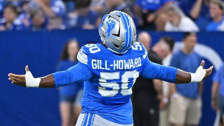 Aug 29, 2026; Indianapolis, Indiana, USA; Detroit Lions defensive tackle Skyler Gill-Howard (50) celebrates with running back Jabari Small (26) after a play against the Indianapolis Colts during the first half at Lucas Oil Stadium. Mandatory Credit: Robert Goddin-Imagn Images Aug 29, 2026; Indianapolis, Indiana, USA; Detroit Lions defensive tackle Skyler Gill-Howard (50) celebrates with running back Jabari Small (26) after a play against the Indianapolis Colts during the first half at Lucas Oil Stadium. Mandatory Credit: Robert Goddin-Imagn Images