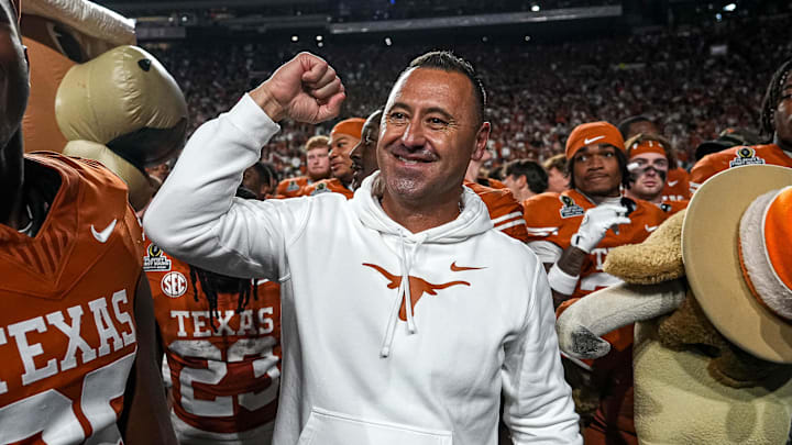 Dec 21, 2024; Austin, Texas, USA; Texas Longhorns head coach Steve Sarkisian celebrates after defeating the Clemson Tigers in the first round of the College Football Playoffs at Darrell K Royal-Texas Memorial Stadium.