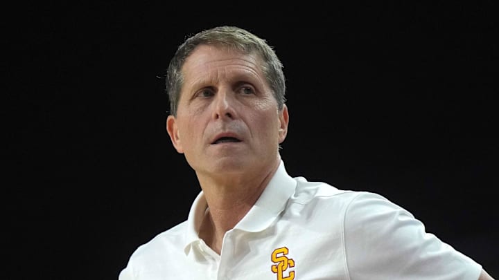 Feb 11, 2025; Los Angeles, California, USA; Southern California Trojans head coach Eric Musselman reacts during the game against the Penn State Nittany Lions at Galen Center. Mandatory Credit: Kirby Lee-Imagn Images
