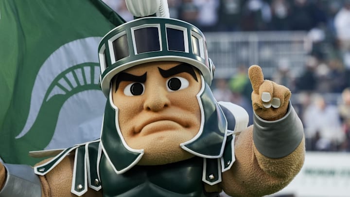 Aug 29, 2025; East Lansing, Michigan, USA; Sparty, the mascot of the Michigan State Spartans takes the field at Spartan Stadium. Mandatory Credit: Brendan Mullin-Imagn Images
