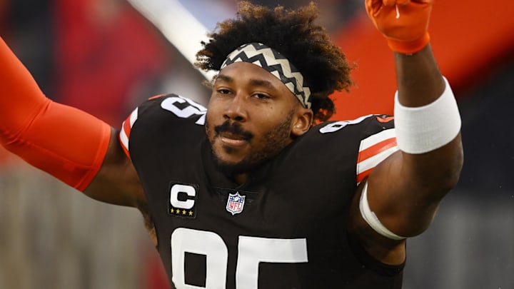 Dec 17, 2022; Cleveland, Ohio, USA; Cleveland Browns defensive end Myles Garrett (95) is introduced before the game between the Browns and the Baltimore Ravens at FirstEnergy Stadium. Mandatory Credit: Ken Blaze-Imagn Images