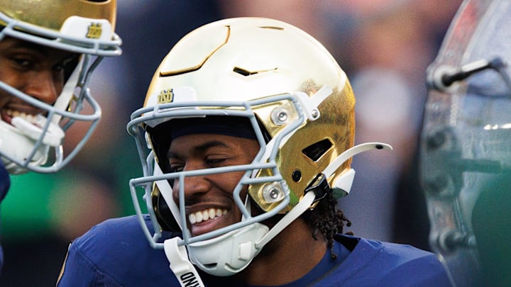 Notre Dame running back Jadarian Price celebrates a touchdown