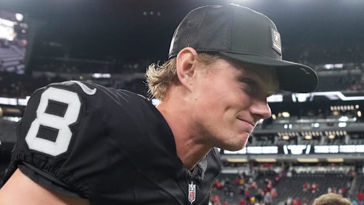 Jan 4, 2026; Paradise, Nevada, USA; Las Vegas Raiders place kicker Daniel Carlson (8) leaves the field after the game against the Kansas City Chiefs at Allegiant Stadium. Mandatory Credit: Kirby Lee-Imagn Images