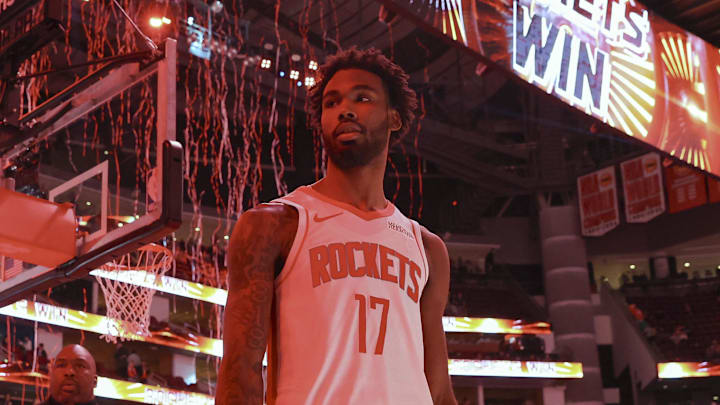 Nov 6, 2024; Houston, Texas, USA; Houston Rockets forward Tari Eason (17) walks off the court after the game against the San Antonio Spurs at Toyota Center. Mandatory Credit: Troy Taormina-Imagn Images
