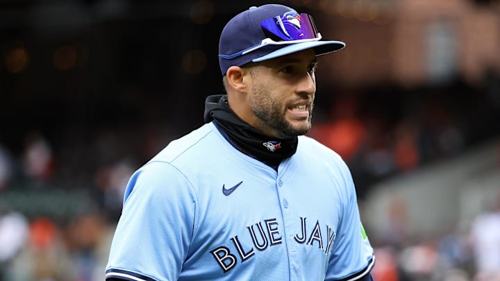 Apr 12, 2025; Baltimore, Maryland, USA; Toronto Blue Jays outfielder George Springer (4) walks off of the field during the eighth inning against the Baltimore Orioles at Oriole Park at Camden Yards
