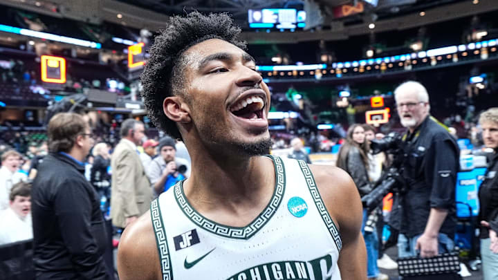 Michigan State guard Jaden Akins (3) celebrates 71-63 win over New Mexico at the Second Round of NCAA tournament at Rocket Arena in Cleveland, Ohio on Sunday, March 23, 2025. Michigan State guard Jaden Akins (3) celebrates 71-63 win over New Mexico at the Second Round of NCAA tournament at Rocket Arena in Cleveland, Ohio on Sunday, March 23, 2025.