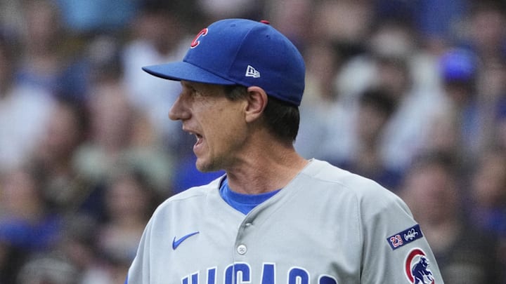 Jul 29, 2025; Milwaukee, Wisconsin, USA; Chicago Cubs manager Craig Counsell (11) disputes a call with umpire DJ Reyburn (17) (not pictured) against the Milwaukee Brewers in the fourth inning at American Family Field. Mandatory Credit: Michael McLoone-Imagn Images Jul 29, 2025; Milwaukee, Wisconsin, USA; Chicago Cubs manager Craig Counsell (11) disputes a call with umpire DJ Reyburn (17) (not pictured) against the Milwaukee Brewers in the fourth inning at American Family Field. Mandatory Credit: Michael McLoone-Imagn Images
