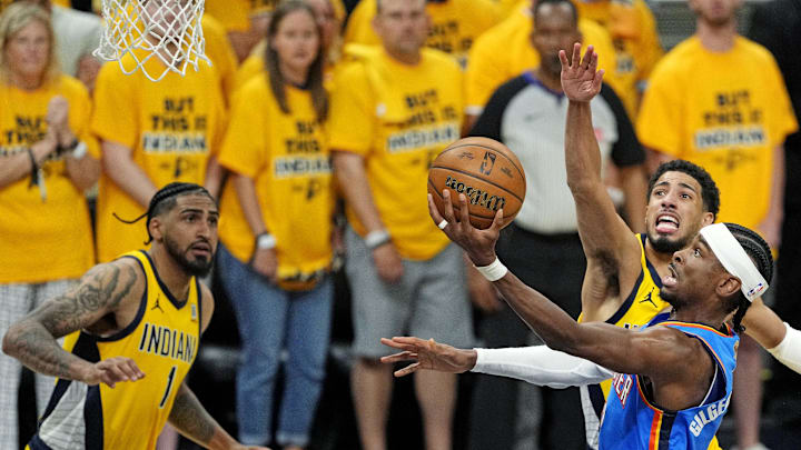 Jun 11, 2025; Indianapolis, Indiana, USA; Oklahoma City Thunder guard Shai Gilgeous-Alexander (2) shoots the ball against Indiana Pacers guard Tyrese Haliburton (0) during the second quarter in game three of the 2025 NBA Finals at Gainbridge Fieldhouse. Mandatory Credit: Kyle Terada-Imagn Images Jun 11, 2025; Indianapolis, Indiana, USA; Oklahoma City Thunder guard Shai Gilgeous-Alexander (2) shoots the ball against Indiana Pacers guard Tyrese Haliburton (0) during the second quarter in game three of the 2025 NBA Finals at Gainbridge Fieldhouse. Mandatory Credit: Kyle Terada-Imagn Images