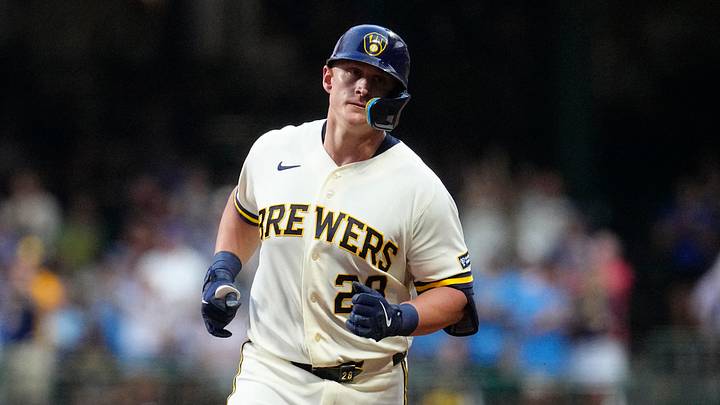 Aug 4, 2026; Milwaukee, Wisconsin, USA;  Milwaukee Brewers first baseman Andrew Vaughn (28) rounds the bases after hitting a home run against the Pittsburgh Pirates in the fourth inning at American Family Field. Mandatory Credit: Michael McLoone-Imagn Images