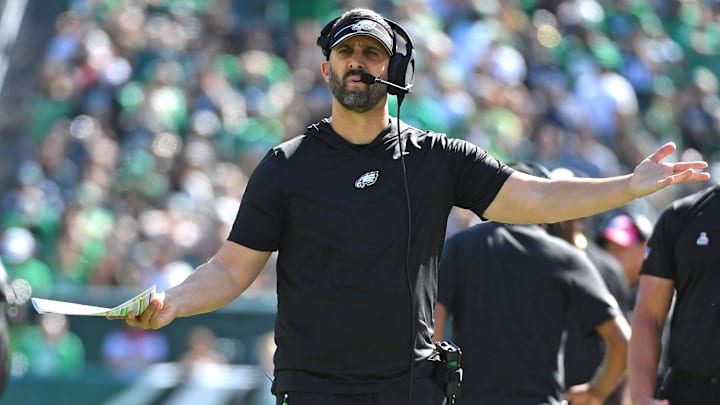 Oct 1, 2023; Philadelphia, Pennsylvania, USA; Philadelphia Eagles head coach Nick Sirianni questions