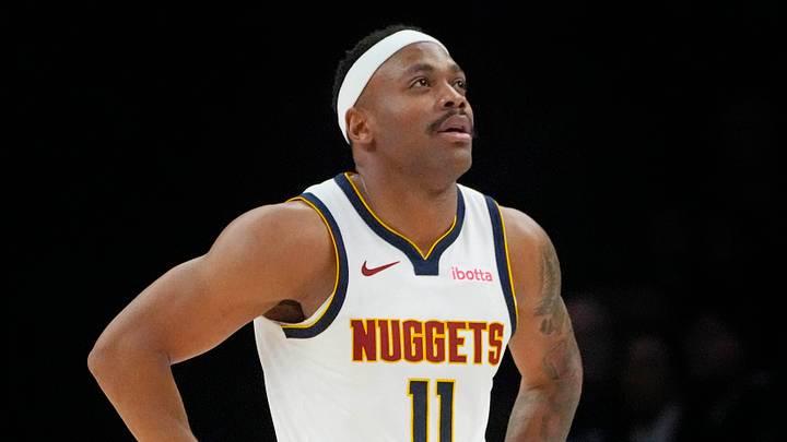 Apr 23, 2026; Minneapolis, Minnesota, USA; Denver Nuggets guard Bruce Brown (11) reacts to a foul call against his team and for the Minnesota Timberwolves in the third quarter at Target Center. Mandatory Credit: Bruce Kluckhohn-Imagn Images