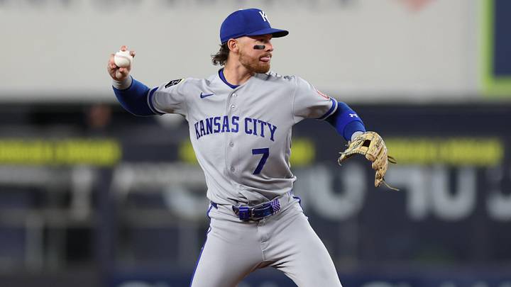 Apr 17, 2026; Bronx, New York, USA; Kansas City Royals shortstop Bobby Witt Jr. (7) throws the ball to first base for an out during the fourth inning against the New York Yankees at Yankee Stadium. Mandatory Credit: Vincent Carchietta-Imagn Images