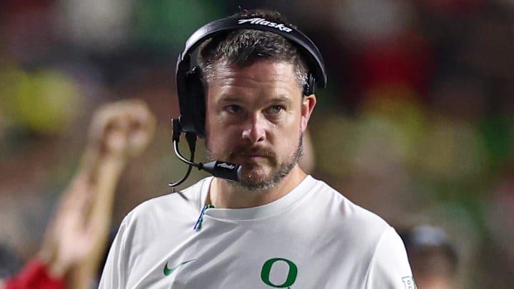 Oct 18, 2025; Piscataway, New Jersey, USA;  Oregon Ducks head coach Dan Lanning looks on during the first half against the Rutgers Scarlet Knights at SHI Stadium. Mandatory Credit: Vincent Carchietta-Imagn Images