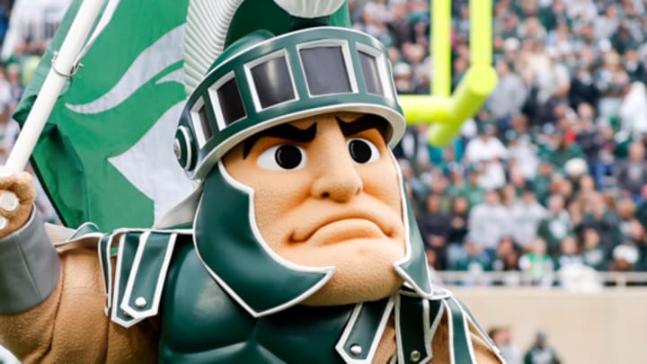 Michigan State mascot Sparty carries a flag during the Spartans' game against UCLA on Oct. 11, 2025.