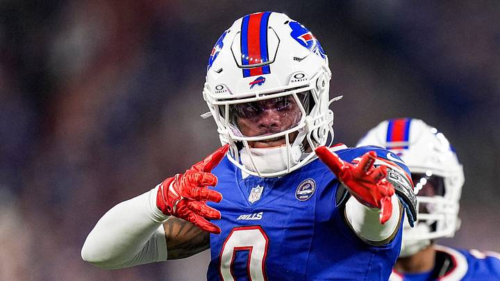 Buffalo Bills wide receiver Keon Coleman (0) celebrates a first down against Detroit Lions during the first half at Highmark Stadium in Orchard Park, NY, on Thursday, Sept. 17, 2026.