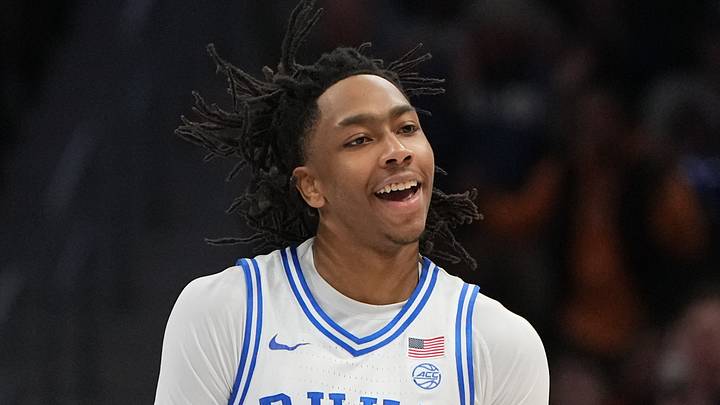 Mar 14, 2026; Charlotte, NC, USA; Duke Blue Devils guard Isaiah Evans (3) reacts in the second half during the men's ACC Conference Tournament Championship at Spectrum Center. Mandatory Credit: Bob Donnan-Imagn Images