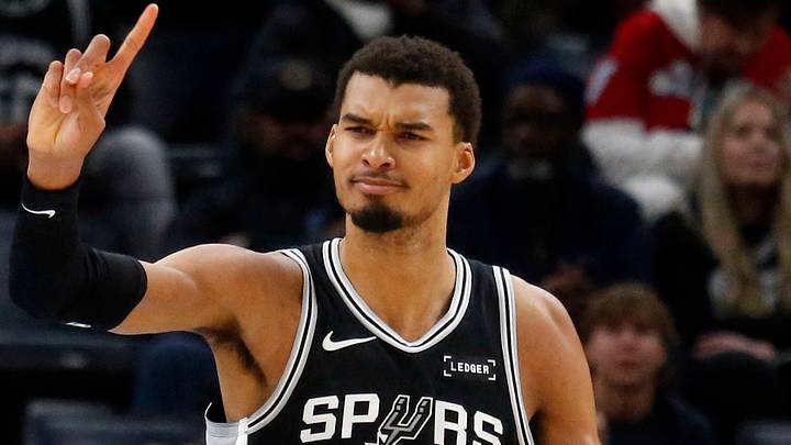 Jan 6, 2026; Memphis, Tennessee, USA; San Antonio Spurs forward Victor Wembanyama (1) reacts during the second quarter against the Memphis Grizzlies at FedExForum. Mandatory Credit: Petre Thomas-Imagn Images