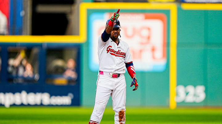 Cleveland Guardians third baseman Jose Ramirez (11) reacts to his double during the home opening game against the Chicago Cubs, April 4, 2026, at Progressive Field in Cleveland, Ohio. Cleveland Guardians third baseman Jose Ramirez (11) reacts to his double during the home opening game against the Chicago Cubs, April 4, 2026, at Progressive Field in Cleveland, Ohio.