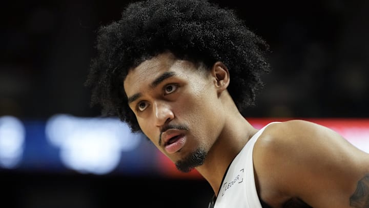 Jul 12, 2025; Las Vegas, NV, USA; San Antonio Spurs guard Dylan Harper (2) looks on in the third quarter of their game against the Dallas Mavericks at Thomas & Mack Center. Mandatory Credit: Candice Ward-Imagn Images
