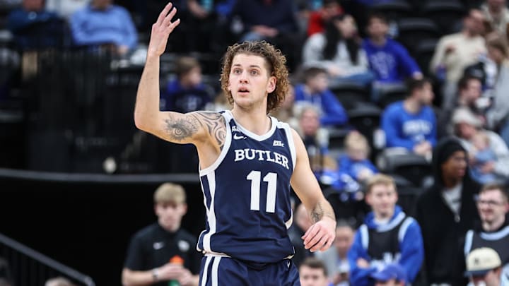 Jan 17, 2026; Newark, New Jersey, USA;  Butler Bulldogs guard Finley Bizjack (11) signals to his teammates in the first half against the Seton Hall Pirates at Prudential Center. Mandatory Credit: Wendell Cruz-Imagn Images