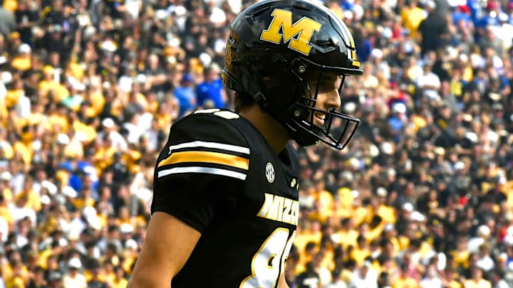 Sep 6, 2025; Columbia, Missouri, USA; Missouri Tigers kicker Robert Meyer (88) smiles after a made extra point in the second half of the Border Showdown against the Kansas Jayhawks at Faurot Field at Memorial Stadium. Sep 6, 2025; Columbia, Missouri, USA; Missouri Tigers kicker Robert Meyer (88) smiles after a made extra point in the second half of the Border Showdown against the Kansas Jayhawks at Faurot Field at Memorial Stadium.