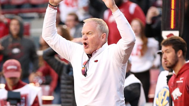 Nov 5, 2022; Fayetteville, Arkansas, USA; Arkansas Razorbacks vice chancellor and director of athletics Hunter Yurachek reacts to a two point conversion attempt during the fourth quarter against the Liberty Flames at Donald W. Reynolds Razorback Stadium. Liberty won 21-19. Mandatory Credit: Nelson Chenault-Imagn Images