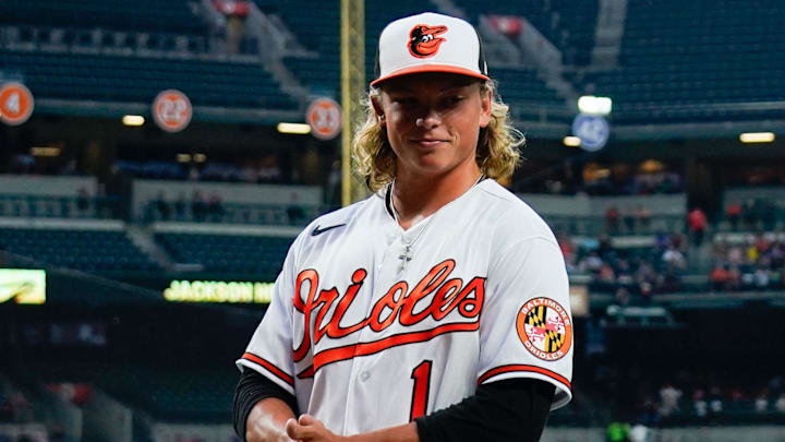 Jul 27, 2022; Baltimore, Maryland, USA; Baltimore Orioles number one draft pick Jackson Holliday