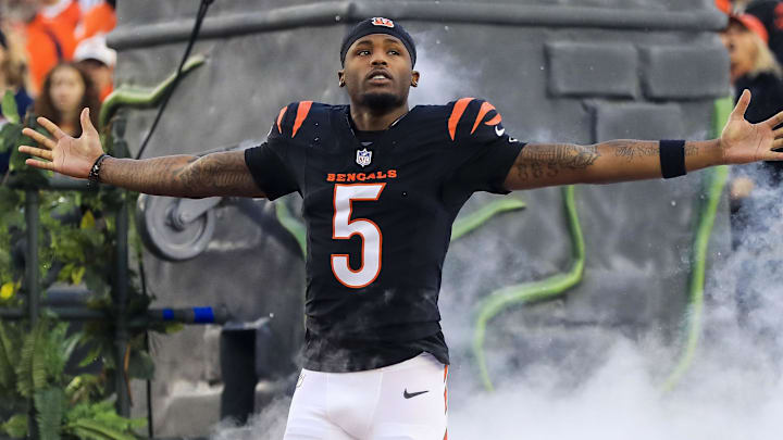 Dec 28, 2024; Cincinnati, Ohio, USA; Cincinnati Bengals wide receiver Tee Higgins (5) runs onto the field before the game against the Denver Broncos at Paycor Stadium. Mandatory Credit: Katie Stratman-Imagn Images