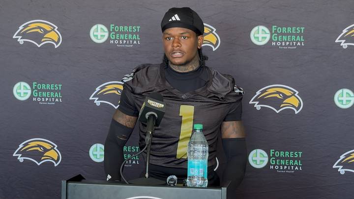 Southern Miss cornerback Champ Lewis (1) addresses the media after the final scrimmage of fall camp on Aug. 22, 2026.