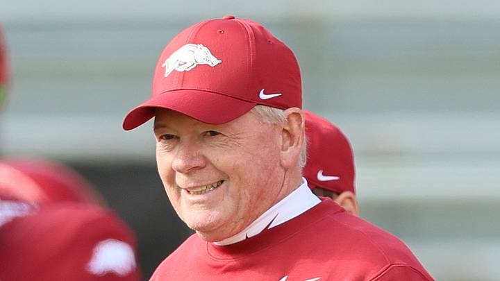 Nov 1, 2025; Fayetteville, Arkansas, USA; Arkansas Razorbacks interim head coach Bobby Petrino prior to the game against the Mississippi State Bulldogs at Donald W. Reynolds Razorback Stadium. Mandatory Credit: Nelson Chenault-Imagn Images Nov 1, 2025; Fayetteville, Arkansas, USA; Arkansas Razorbacks interim head coach Bobby Petrino prior to the game against the Mississippi State Bulldogs at Donald W. Reynolds Razorback Stadium. Mandatory Credit: Nelson Chenault-Imagn Images