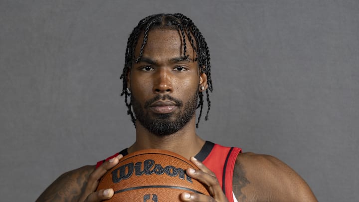 Sep 29, 2025; Houston, TX, USA;  Houston Rockets forward Tari Eason (17) poses for a picture during Houston Rockets media day at Toyota Center. Mandatory Credit: Troy Taormina-Imagn Images