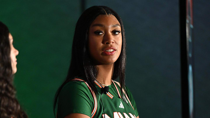 Oct 7, 2025; Charlotte, NC, USA; Miami player Ra Shaya Kyle answers questions from the media at The Hilton Charlotte Uptown. Mandatory Credit: William Howard-Imagn Images