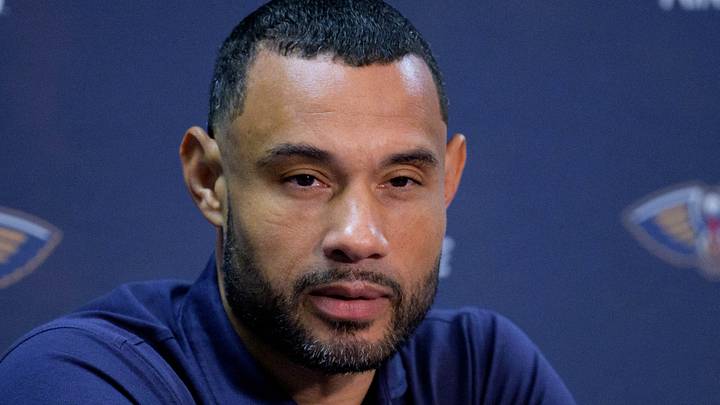 Oct 2, 2023; New Orleans, LA, USA; New Orleans Pelicans general manager Trajan Langdon speaks during Media Day at the Smoothie King Center. Mandatory Credit: Matthew Hinton-USA TODAY Sports
