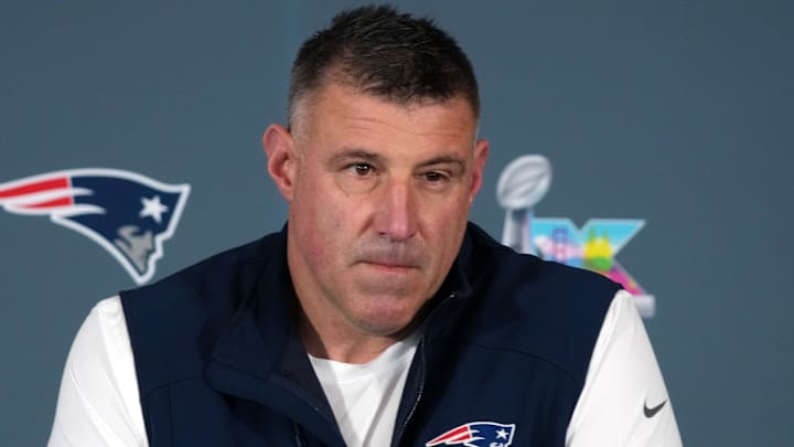 Feb 3, 2026; Santa Clara, CA, USA; New England Patriots head coach Mike Vrabel speaks to the media during Super Bowl LX press conference at Santa Clara Marriott. Mandatory Credit: Kirby Lee-Imagn Images
